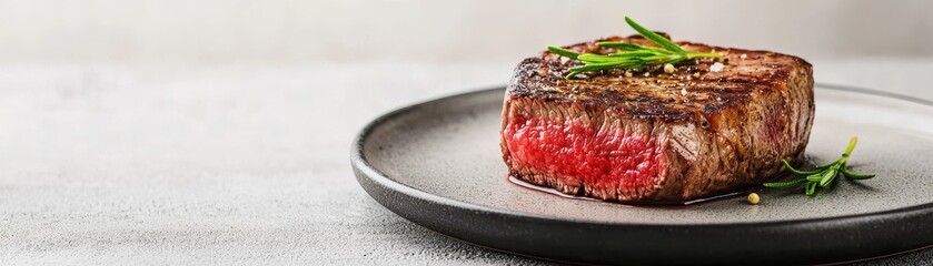 A perfectly cooked steak on a dark plate, garnished with herbs, showcasing juicy red meat and a crispy outer texture.