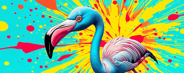 Obraz premium Pop-art like flamingo bird in vibrant vivid colors of blue and pink with a summer color paint splash explosion of red and blinding yellow