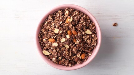 Homemade granola w/ nuts in a pink bowl on a white surface, top-down view.