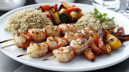 Plate of grilled shrimp skewers served with a side of quinoa and roasted vegetables presented on a white plate