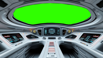Futuristic spaceship cockpit pilot view with green screen for compositing, advanced control panels, immersive sci-fi design, new beautiful stock image illustration AI.