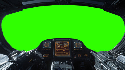Futuristic spaceship cockpit pilot view with green screen for compositing, advanced control panels, immersive sci-fi design, new beautiful stock image illustration AI.