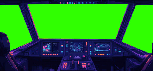 Futuristic spaceship cockpit pilot view with green screen for compositing, advanced control panels, immersive sci-fi design, new beautiful stock image illustration AI.
