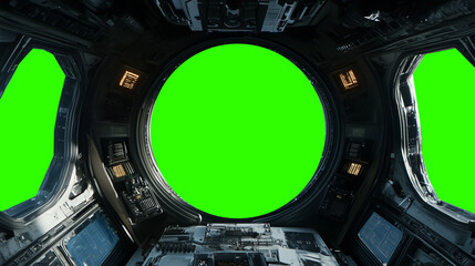 Futuristic spaceship cockpit pilot view with green screen for compositing, advanced control panels, immersive sci-fi design, new beautiful stock image illustration AI.