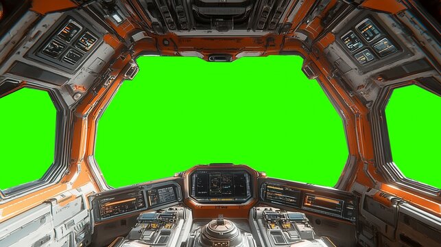 Futuristic spaceship cockpit pilot view with green screen for compositing, advanced control panels, immersive sci-fi design, new beautiful stock image illustration AI.