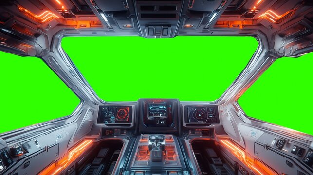 Futuristic spaceship cockpit pilot view with green screen for compositing, advanced control panels, immersive sci-fi design, new beautiful stock image illustration AI.