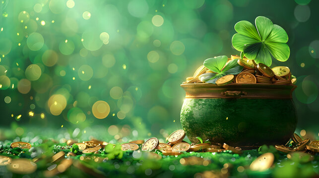 St. Patrick's Day, leprechaun treasure pot full of gold coins and shamrocks on festive green background, banner, minimalism
