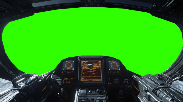 Futuristic spaceship cockpit pilot view with green screen for compositing, advanced control panels, immersive sci-fi design, new beautiful stock image illustration AI.