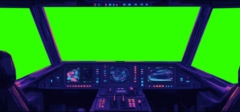 Futuristic spaceship cockpit pilot view with green screen for compositing, advanced control panels, immersive sci-fi design, new beautiful stock image illustration AI.