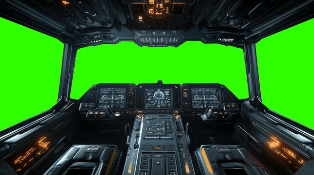 Futuristic spaceship cockpit pilot view with green screen for compositing, advanced control panels, immersive sci-fi design, new beautiful stock image illustration AI.