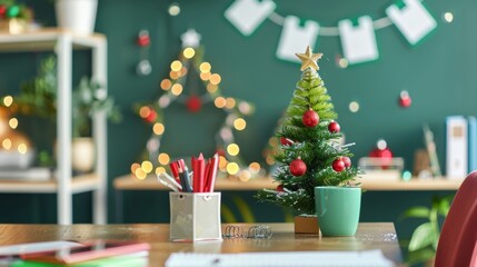 Festive Office Decor with Christmas Tree and Ornaments for a Joyful Holiday Season
