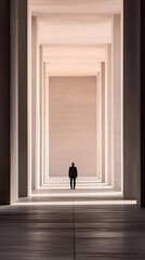 Man Walking Through a Majestic Architectural Corridor