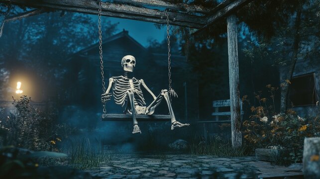 Skeleton sitting on a swing. Skelleton. Halloween