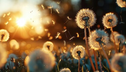 Field of dandelions blowing in the wind, bright and airy, Natural, Soft yellows, Photograph, Springtime beauty
