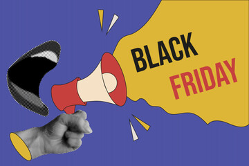 Fototapeta premium Black Friday banner template design with trendy Halftone effect hand and mouth. Modern Halftone collage business pop art. Nostalgia vector aesthetic for web discord banner.