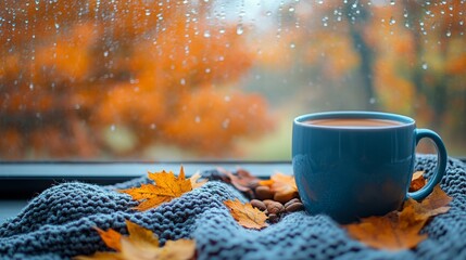 A warm cup of coffee sits on a knitted blanket, surrounded by autumn leaves, creating a cozy atmosphere on Thanksgiving morning while rain falls outside.