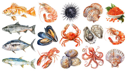 PNG watercolor seafood element set, transparent background