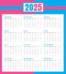 Calendar for 2025 week starting Monday