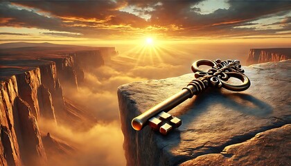 Ornate golden key resting on a cliff at sunset