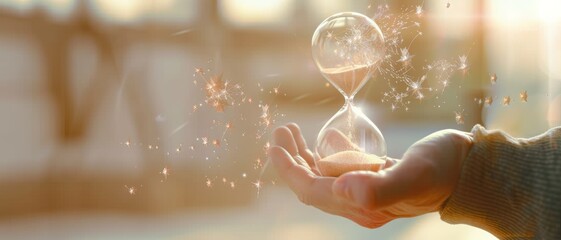 A close-up hand holds a luminescent hourglass against a bright backdrop, with glittering particles accentuating the concept of fleeting time.