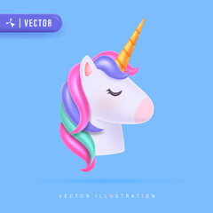 Cute 3D unicorn head kids colorful illustration. Vector unicorn with a golden horn, 3D vector illustration © Darwin Vectorian