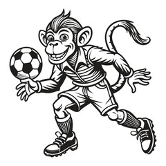 A cartoon monkey boy is playing soccer with a ball