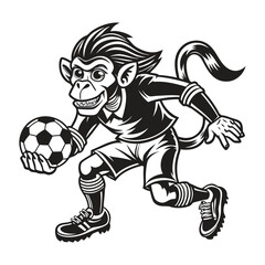 Fototapeta premium A cartoon monkey boy is playing soccer with a ball