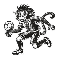 Fototapeta premium A cartoon monkey boy is playing soccer with a ball