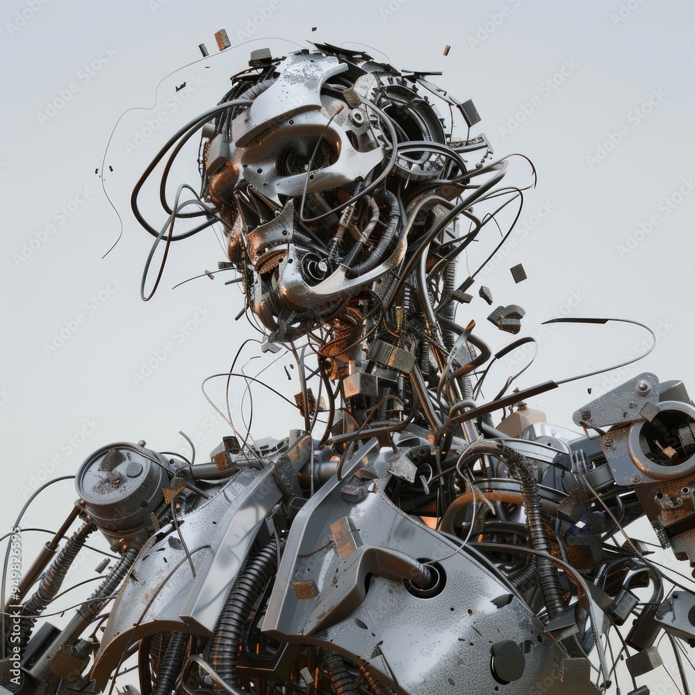 Canvas Prints Metallic robotic figure with exposed wiring and gears, resembling a human skull.