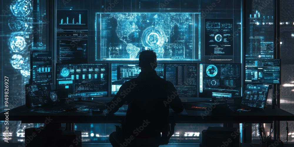 Wall mural silhouette of a hacker looking at monitors with data.