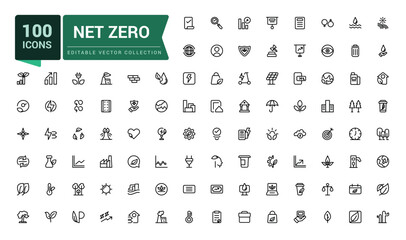 Net zero line icons set. Includes carbon footprint, co2 neutral, net zero, solar energy. Pixel perfect, minimalistic web and UI icon. Outline icon collections.