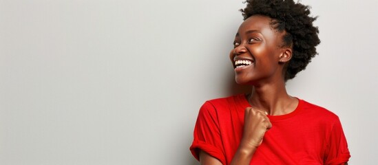 Smiling Woman in Red T-Shirt
