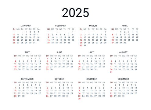 2025 year English calendar. Classical, minimalistic, simple design. White background. Vector Illustration. Week starts from Sunday.