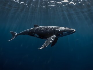 Fototapeta premium Humpback Whale Swimming Underwater with Sunbeams