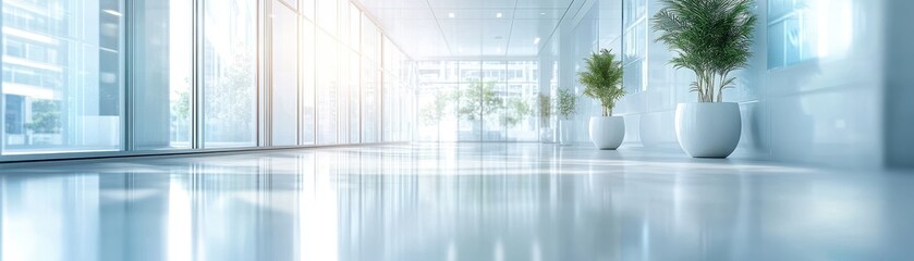 Fototapeta premium Modern Office Corridor with Large Windows and Potted Plants in Bright Sunlight