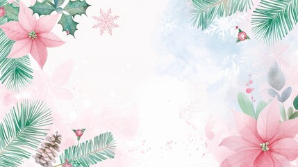 Delicate Watercolor Christmas Backgrounds: Light Pink & Blue with Pine, Snowflakes, and Pink Flowers
