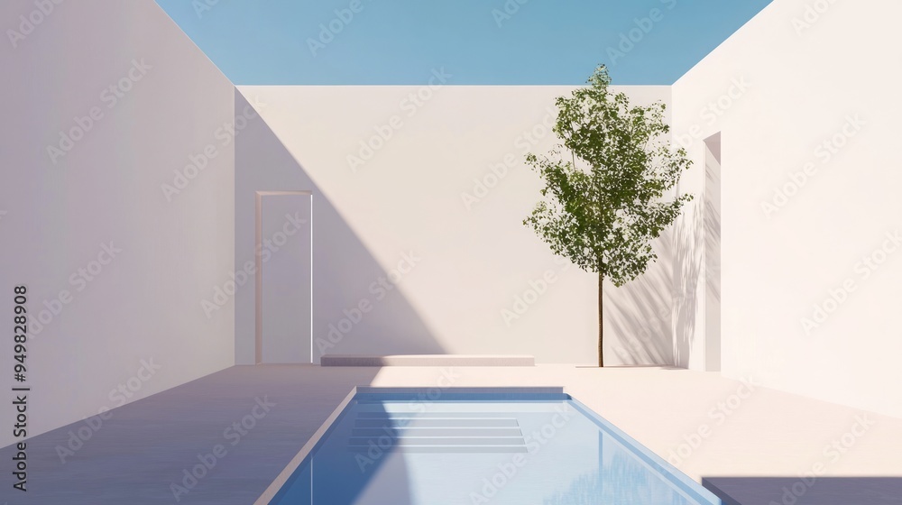 Sticker Minimalist poolside view with a single tree.