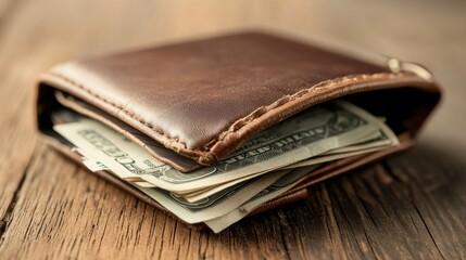 Isolated brown leather wallet with paper money for personal finances