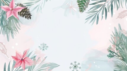 Obraz premium Delicate Watercolor Christmas Backgrounds: Light Pink & Blue with Pine, Snowflakes, and Pink Flowers