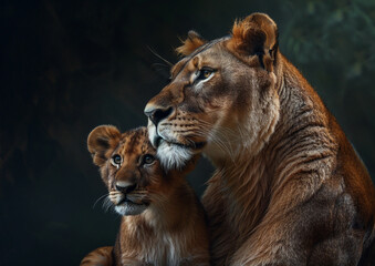 Fototapeta premium portrait of a female lion with kid isolated against black background