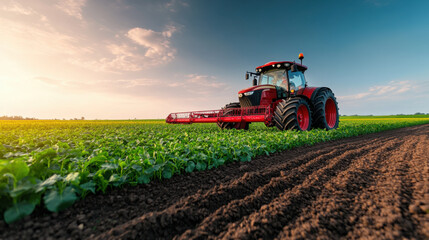 A red tractor plowing a field of young crops at sunrise, preparing the land for farming under a vibrant sky.