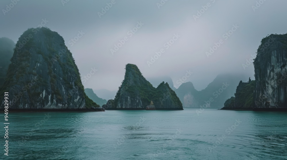 Wall mural Misty mountains rise from tranquil turquoise waters.