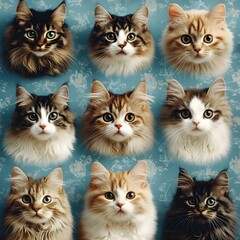 Enchanting Feline Mosaic A Captivating Collection of Diverse Cat Portraits on Serene Dusty Blue Background