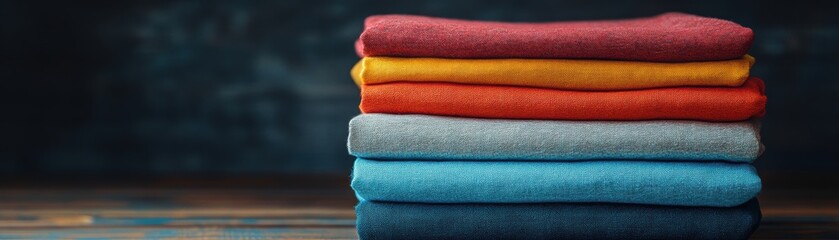 Colorful Stack of Folded Clothes on Wooden Surface with Dark Background