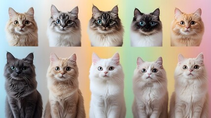 Vibrant Feline Portraits in Dreamy Pastel Rainbow Background
