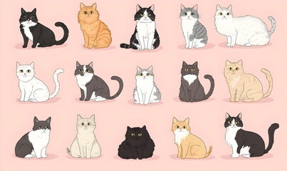 Cartoon Style of Diverse Feline Breeds in a Serene Ethereal Pink Background
