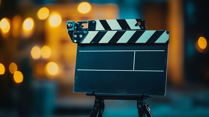 Motion picture production slate with blurred background. Film slate or clapper board for video production. Slate for movie shoot or recording. 