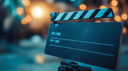 Motion picture production slate with blurred background. Film slate or clapper board for video production. Slate for movie shoot or recording. 