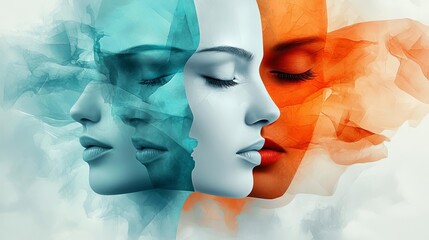 Fototapeta premium Abstract image of overlapping faces with various expressions, blending into one another, Emotional complexity, Concept of multifaceted emotions