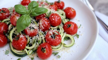 Plate of zoodles zucchini noodles with cherry tomatoes basil and a sprinkle of parmesan presented on a white plate